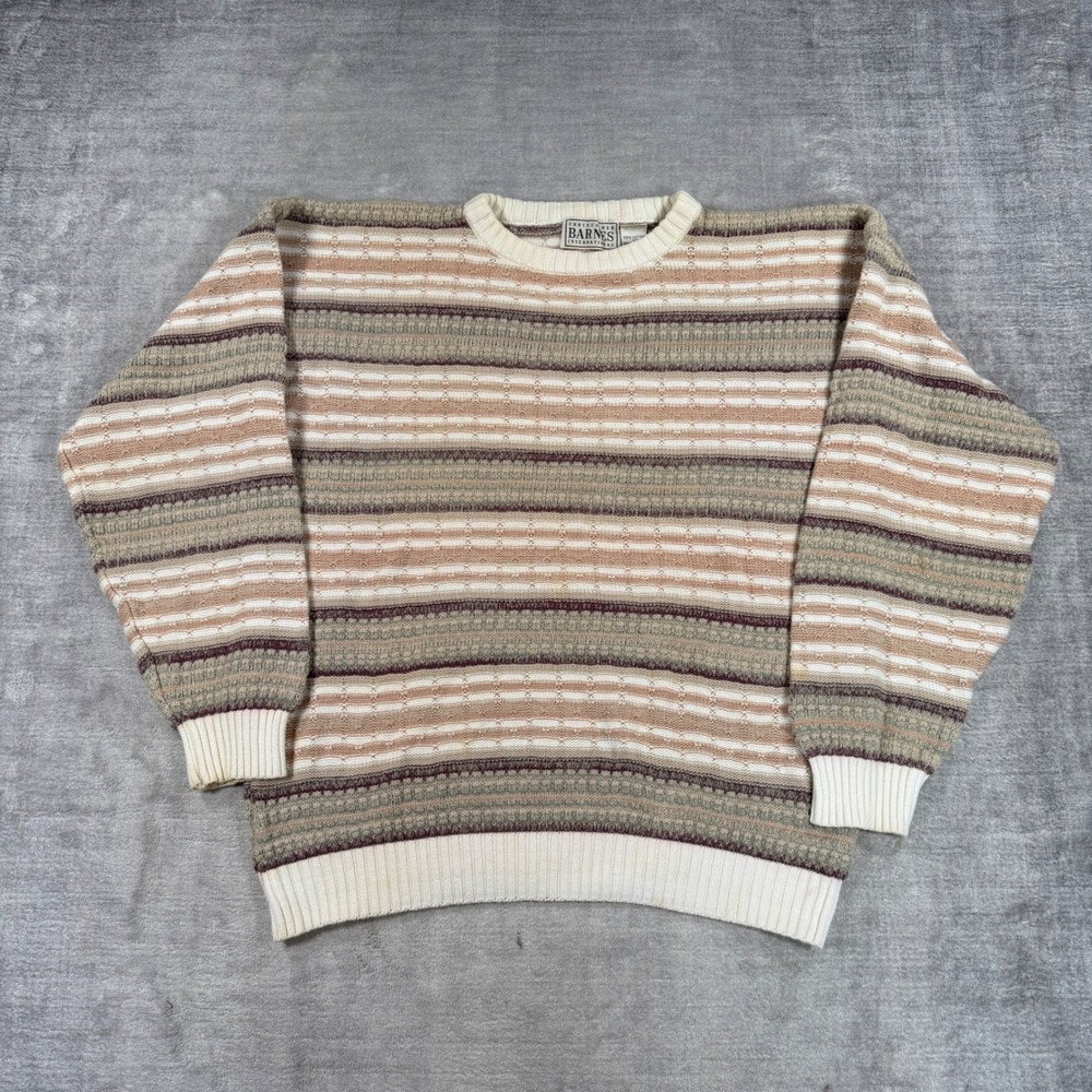 Christopher Barnes Sweater Women XL Tan Vintage 90s Striped Cotton Knit Oversize